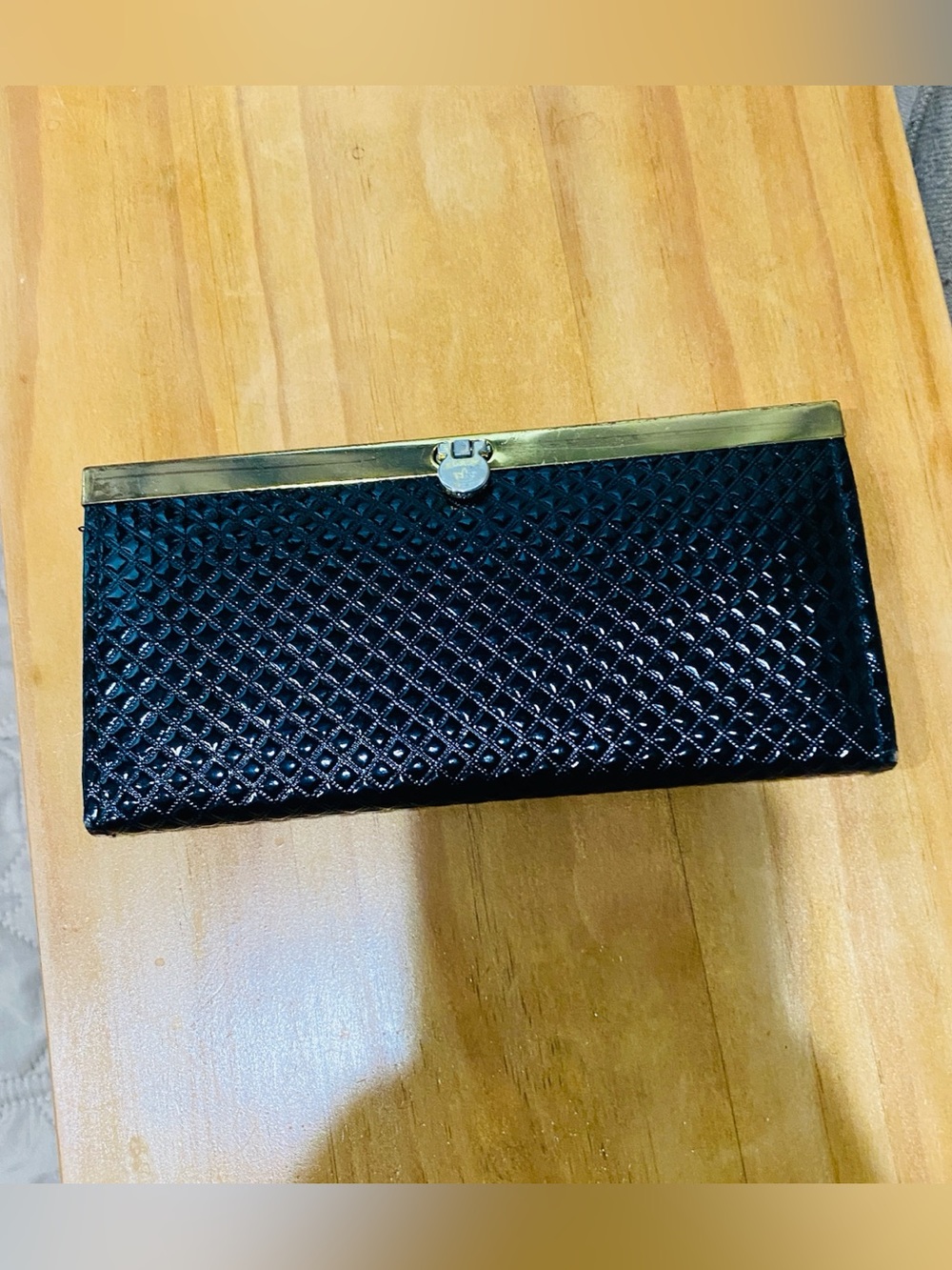 Black Quilted Patent Clutch Wallet with Gold Frame